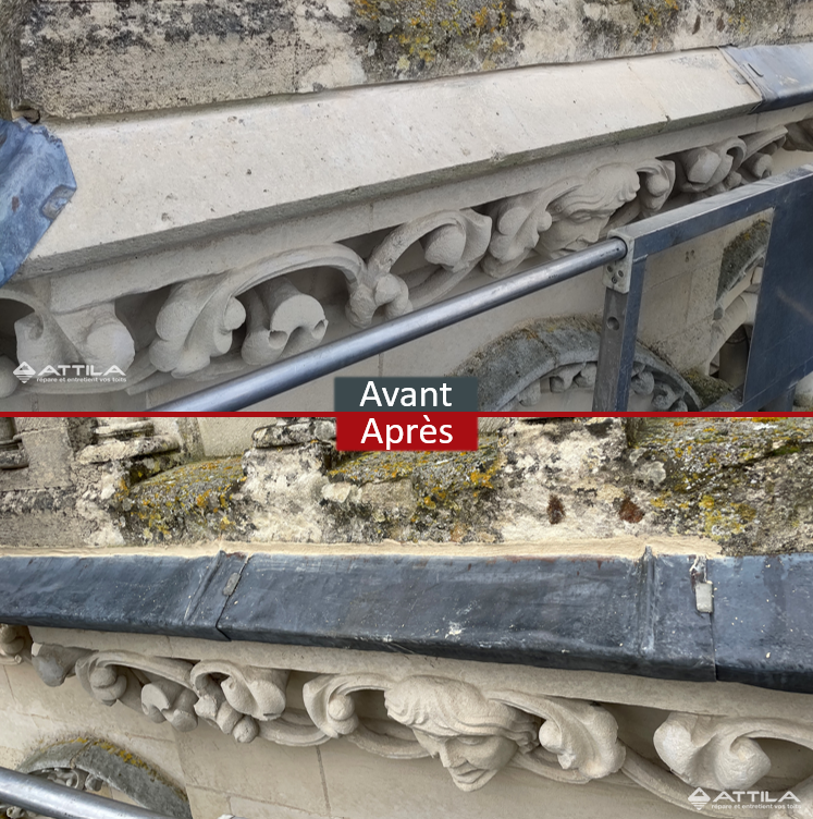 Avant/Après reprise du dessus de mur en plomb sur la Cathédrale de Laon par nos Techniciens de Toitures Attila