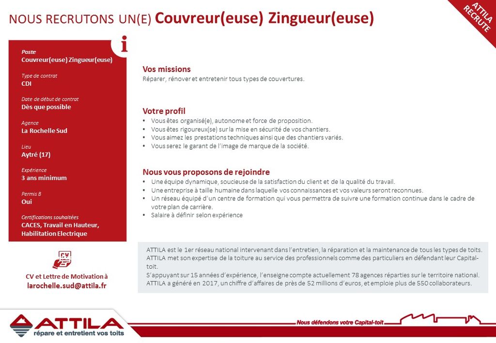 L'agence Attila La Rochelle Sud recrute un technicien de toiture !